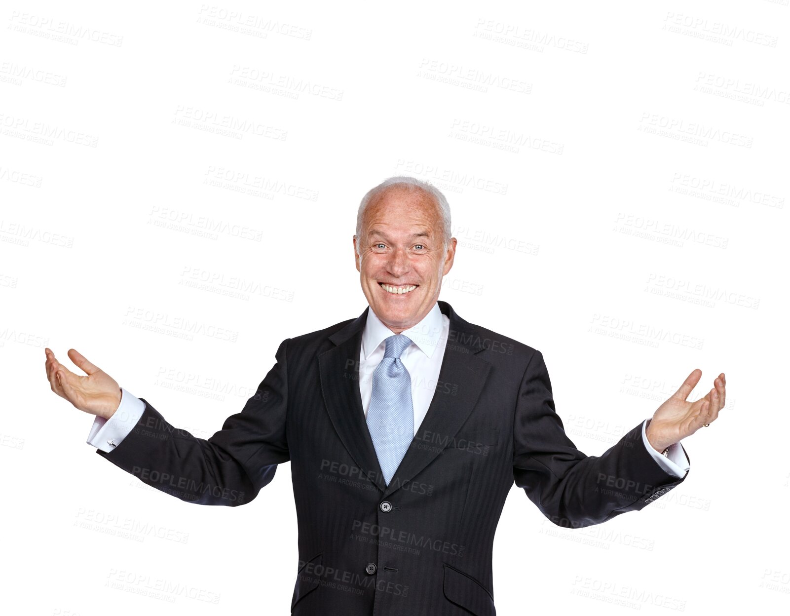 Buy stock photo Senior business man, arms raised and smile in portrait for success isolated on transparent, png background. Happy in career with goals, professional satisfaction and male corporate executive 