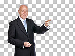 Happy, portrait and businessman pointing at mockup space for a marketing, advertising or product placement. Mock up, corporate and elderly male model point finger while isolated on a png background