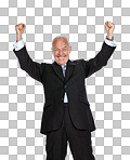 Studio portrait, senior businessman and celebration with fist hand, excited and isolated on a png background. Elderly corporate leader, isolated ceo and smile to celebrate, motivation and hands in air with suit