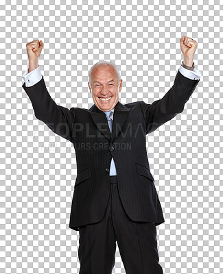 Buy stock photo Success, fist pump and portrait of man isolated on transparent, png background cheers, celebration or winning. Yes, wow and news with senior winner, boss or business person celebrate, goals or sales