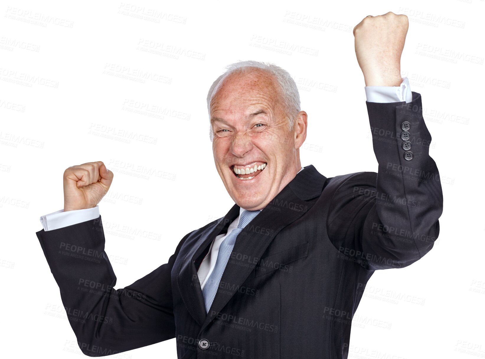 Buy stock photo Success, winning and portrait of business man isolated on transparent, png background cheers, celebration and fist pump. Yes and bonus of professional senior person or winner celebrate, wow and sales