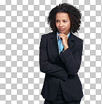 Corporate black woman, thinking and studio with idea, vision and focus. Isolated woman, business leader and professional for ideas, decision and choice for future, career or dreamisolated on a png background