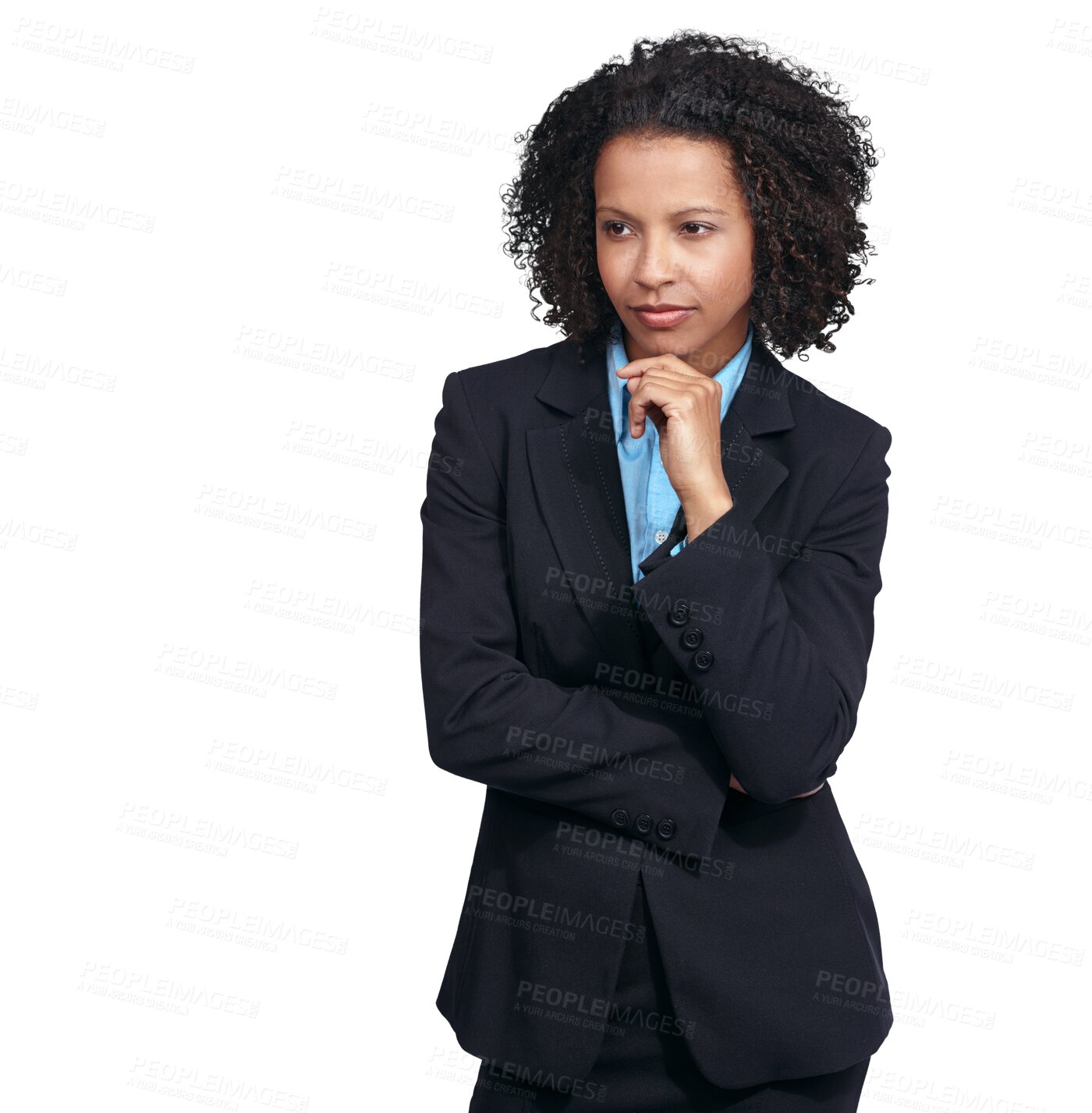 Buy stock photo Business, thinking and doubt with woman on png background for problem solving, solution or idea. Confused, professional and question with female isolated on transparent for focus, manager or decision