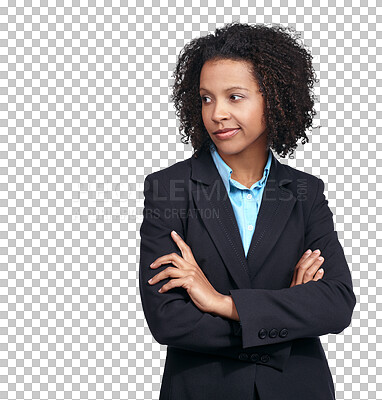 Buy stock photo Black woman, thinking and business doubt with arms crossed, plan or idea. Corporate worker, focus or job with strategy, mission or thoughtful about a goal isolated on a transparent png background