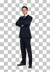 A Businessman, arms crossed and studio portrait for success, vision or happy. Isolated corporate leader, man and smile in company, motivation or focus on success, goal or mission isolated on a png background