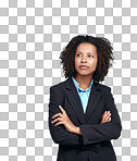 Black woman, business and vision with suit, thinking and studio with isolated on a png background for idea. Corporate leader, woman and focus for ideas, strategy or mission with arms crossed, motivation and goal