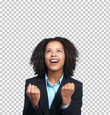 Buy stock photo Business woman with success, fist pump and winning with celebration isolated on transparent, png background. Promotion, new career opportunity and professional win, corporate female with achievement