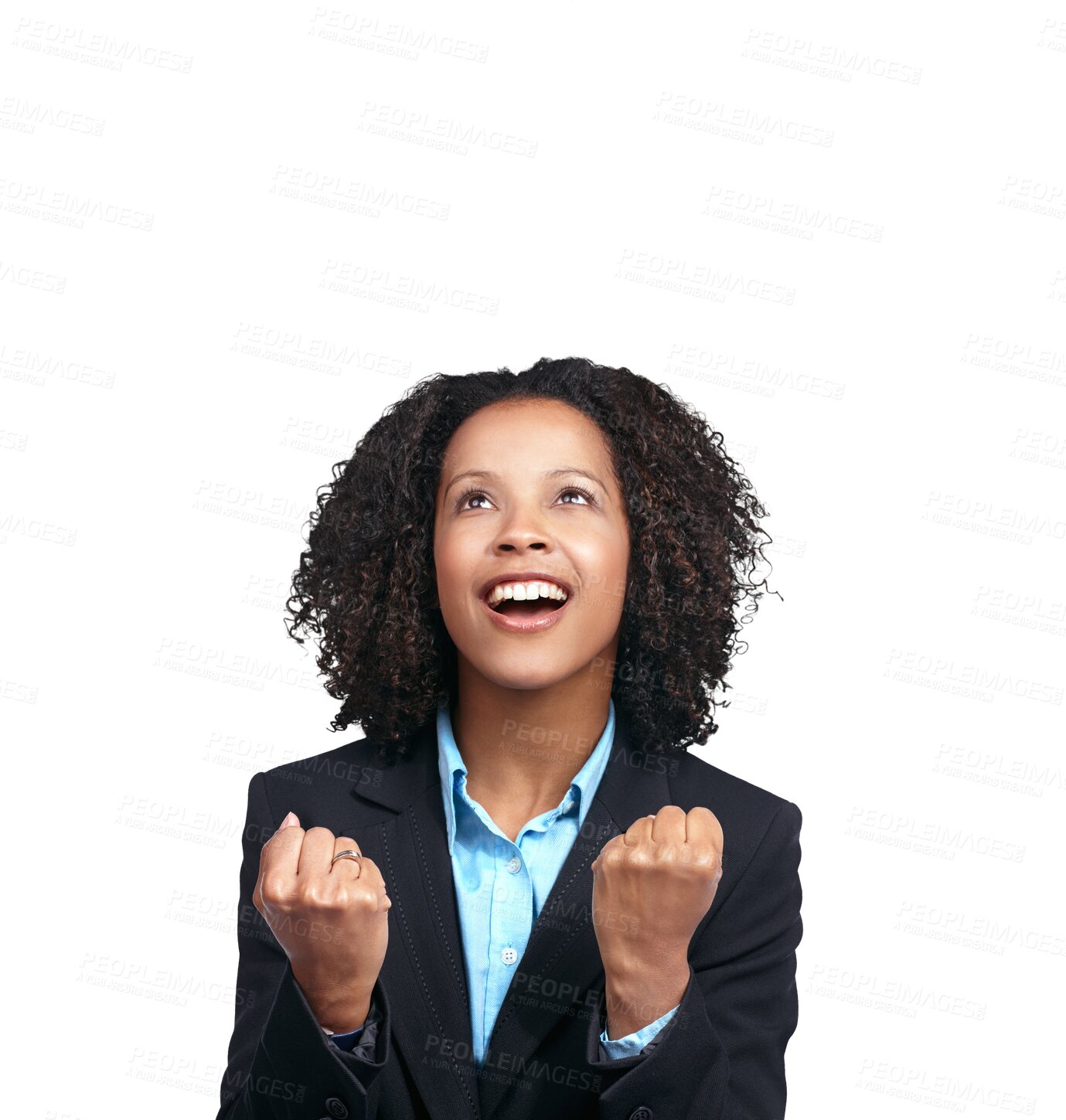 Buy stock photo Business woman with success, fist pump and winning with celebration isolated on transparent, png background. Promotion, new career opportunity and professional win, corporate female with achievement