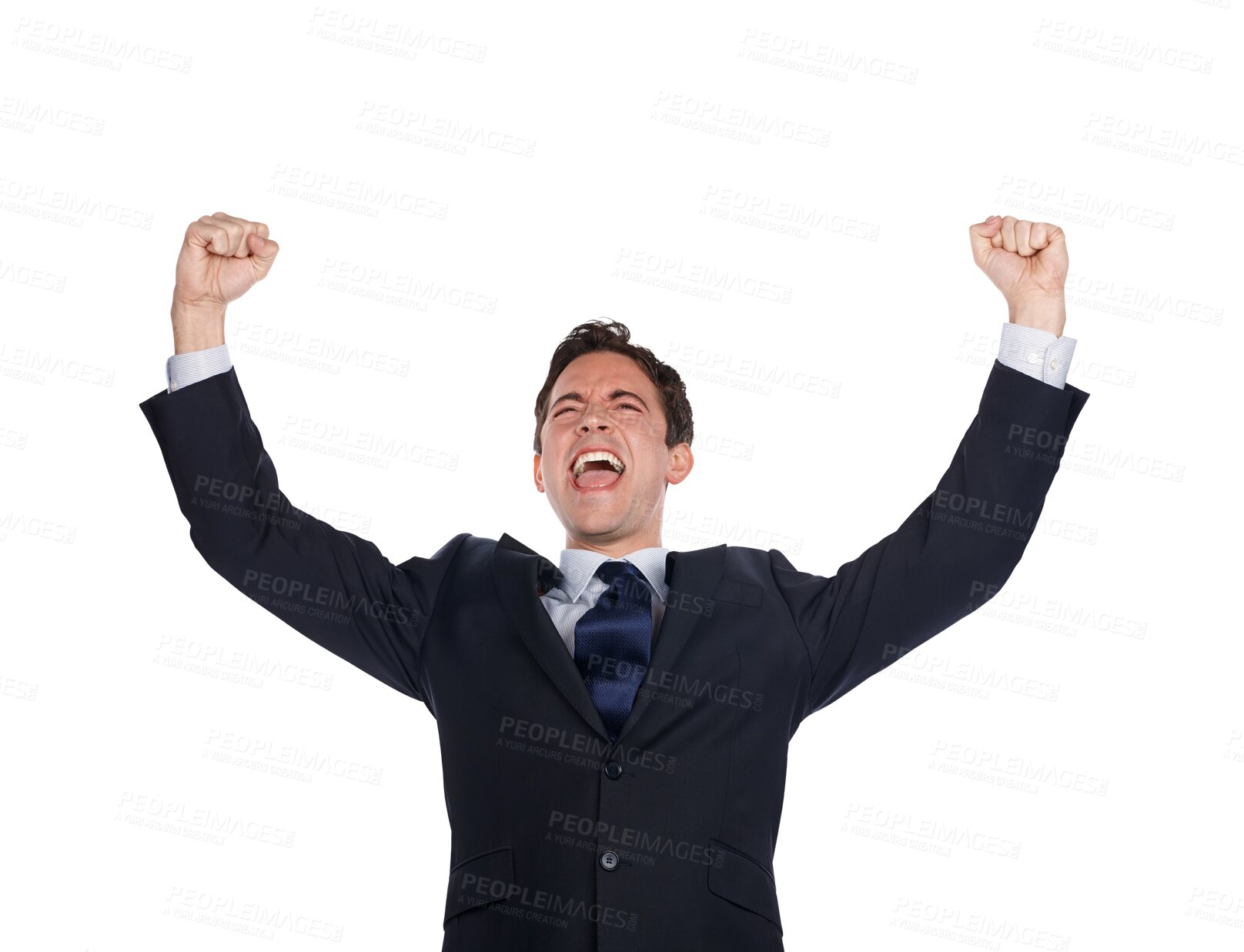 Buy stock photo Success, winning and happy man isolated on transparent, png background cheers, celebration and fist pump. Yes, power and bonus of corporate winner or business person celebrate news, wow and freedom