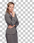 A Business woman, thinking in portrait with idea and inspiration, motivation. Success, dream and leadership, senior executive and management mockup with corporate career isolated on a png background