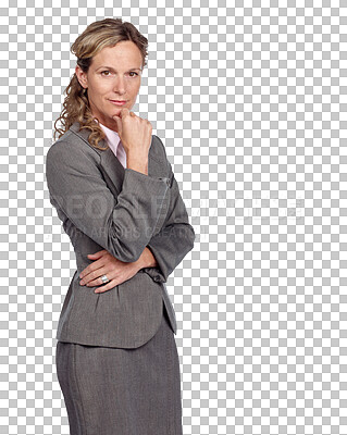 Buy stock photo Thinking, corporate and portrait of business woman on isolated, png and transparent background. Manager, professional ceo and female entrepreneur focus with confidence, success mindset and leadership