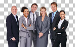 Group studio portrait, business people and isolated on a png background with smile, suit and focus for success in team. Happy corporate teamwork, motivation or isolated for goals, mission and professional vision