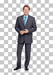 portrait, businessman and smile with suit, focus or success in leadership. Happy corporate leader, motivation or isolated for executive goal, mission or professional vision isolated on a png background