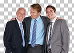 A Businessman, group and studio embrace with smile, vision and collaboration. Isolated corporate team, man and friends in company, teamwork and hug for success, goals and mission isolated on a png background