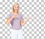 Announcement, portrait or woman with mockup for marketing, branding or advertising space. Discount deal, product placement or happy girls hands showing sales offer in promotion isolated on a png background