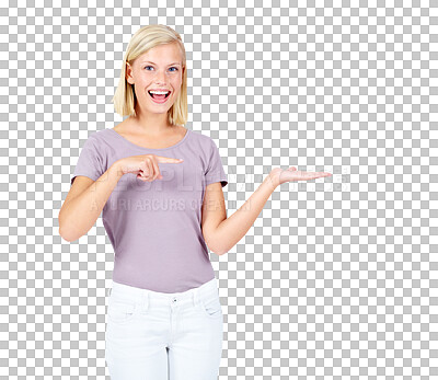 Buy stock photo Announcement, portrait or woman pointing in studio on isolated transparent png background. Face, hands and excited female with offer, good news or message, discount and hand gesture or promotion
