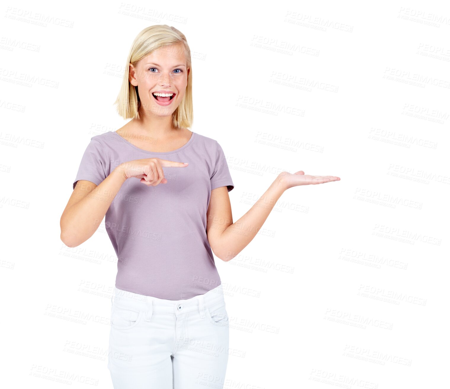 Buy stock photo Announcement, portrait or woman pointing in studio on isolated transparent png background. Face, hands and excited female with offer, good news or message, discount and hand gesture or promotion