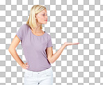 Woman, showing and hand for marketing space, advertising and product placement. Model, hand gesture and promotion for sales deal, logo branding and about us design isolated on a png background