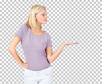 Buy stock photo Woman, showing and hand for marketing space, advertising and product placement. Model, hand gesture and promotion for sales deal, logo branding and about us design isolated on a png background