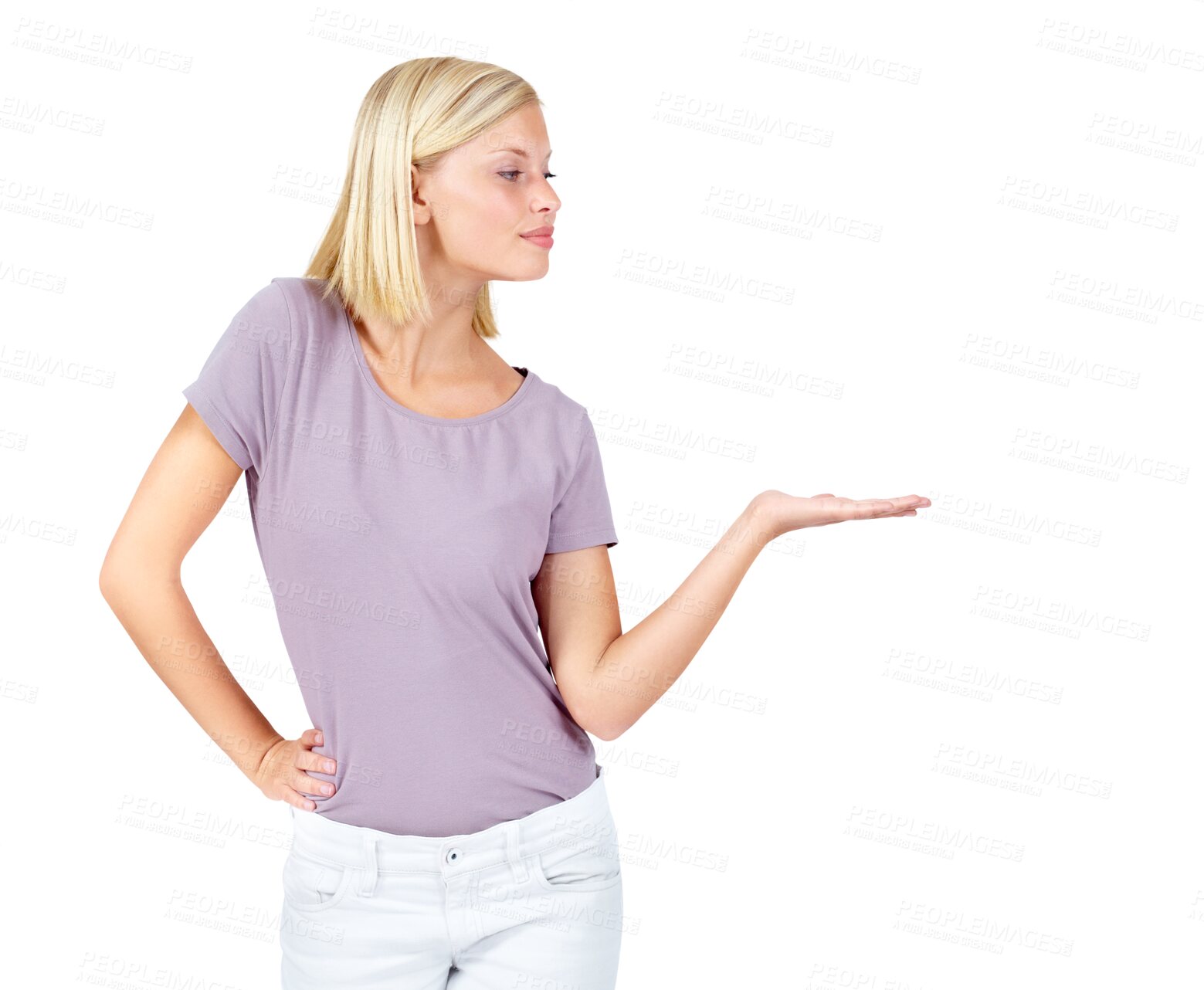 Buy stock photo Woman, showing and hand for marketing space, advertising and product placement. Model, hand gesture and promotion for sales deal, logo branding and about us design isolated on a png background