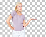 Woman, wow or showing hand at marketing space, advertising mock up or product placement mockup. Model, hand gesture and surprised promotion for sales deal, winner goals or target isolated on a png background