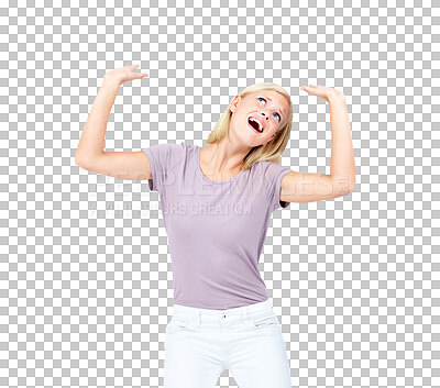 Buy stock photo Push, heavy and weight with woman on png background for pressure, holding and product placement. Shouting, idea and promotion with female isolated on transparent for worry, stress and anxiety