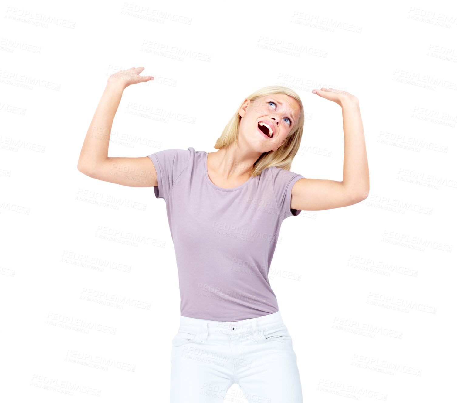 Buy stock photo Push, heavy and weight with woman on png background for pressure, holding and product placement. Shouting, idea and promotion with female isolated on transparent for worry, stress and anxiety