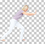 woman push obstacle for marketing, advertising and mockup for moving. Challenge, weight and isolated profile of beautiful girl pushing wall, heavy object and move forward isolated on a png background