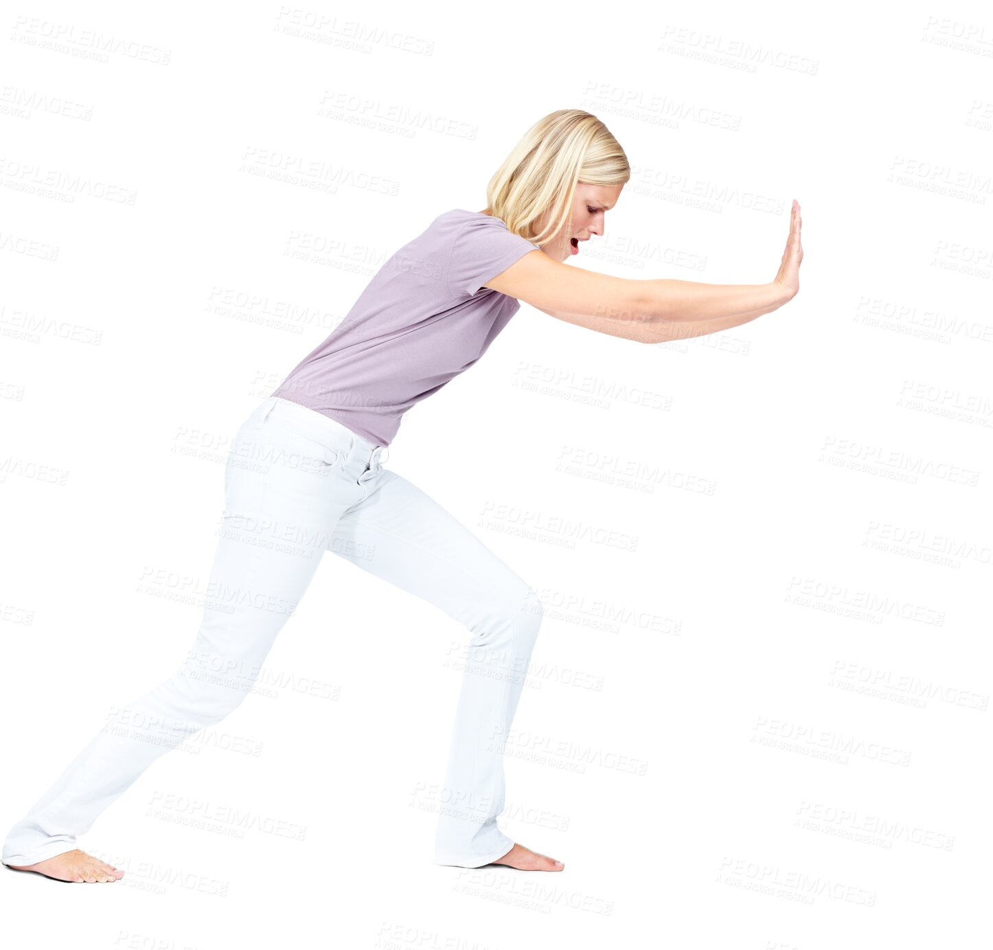 Buy stock photo Woman, push and difficult obstacle of an heavy object with a person and moving struggle. Challenge, weight and profile of female model pushing forward isolated on a transparent, png background