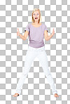 Wow, woman and empty hand holding in studio for product placement, marketing and branding surprise. Excited model with hands to show mock up for advertising or promotion isolated on a png background