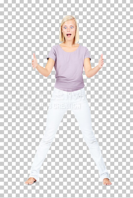Buy stock photo Wow, woman and open hands in studio on isolated, transparent and png background. Excited, shocked and girl model with palms for surprise sale, discount and good news, deal and retail announcement
