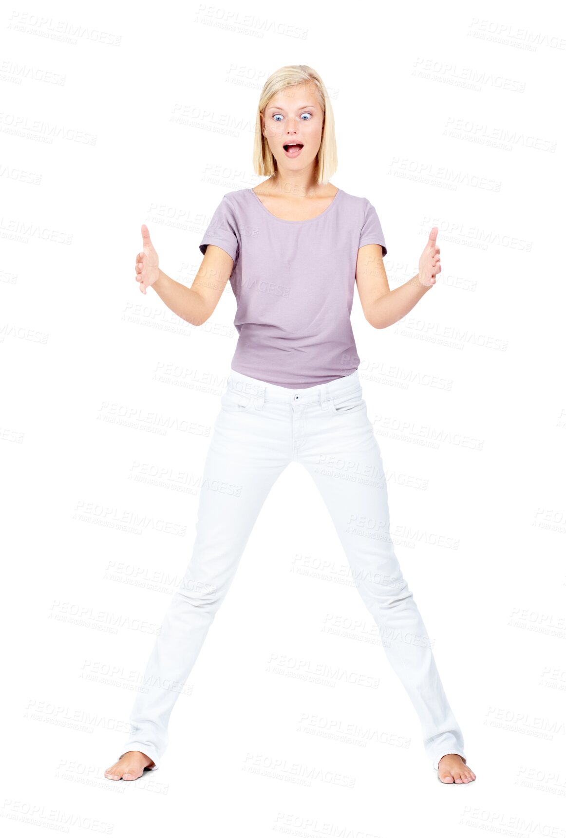 Buy stock photo Wow, woman and open hands in studio on isolated, transparent and png background. Excited, shocked and girl model with palms for surprise sale, discount and good news, deal and retail announcement