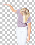 Woman, and hand for height, space or mockup to measure person, growth or product. Isolated model, girl and gesture mock up with fashion, looking and thinking for size scale isolated on a png background