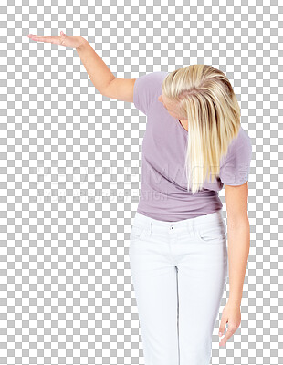 Buy stock photo Hand, measuring and height with woman on png background for growth, size and scale. Thinking, confused and idea with female  and measure isolated on transparent for show, tall and big gesture