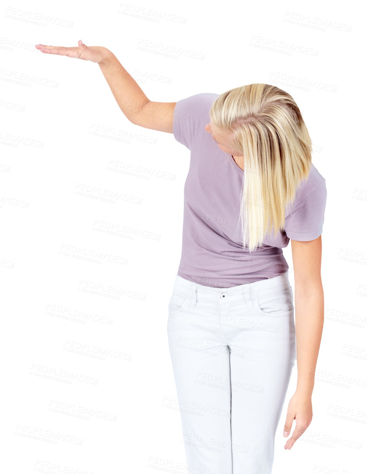 Buy stock photo Hand, measuring and height with woman on png background for growth, size and scale. Thinking, confused and idea with female  and measure isolated on transparent for show, tall and big gesture