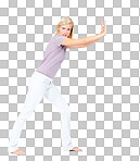 Portrait, push and mockup with a woman trying to move advertising or marketing space. Pushing, effort and heavy with an attractive young female moving blank space isolated on a png background