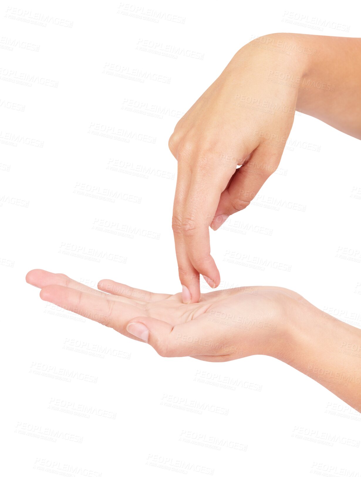 Buy stock photo Hands, sign and fingers walking on a palm in studio for direction or navigation. Hand, forward and gesture by female showing walk, step and body language while isolated on transparent png background