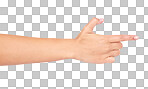 Hand, finger and pointing with a woman making a gun gesture. Social media, icon and emoji with a female on blank space to choose a decision or point right isolated on a png background