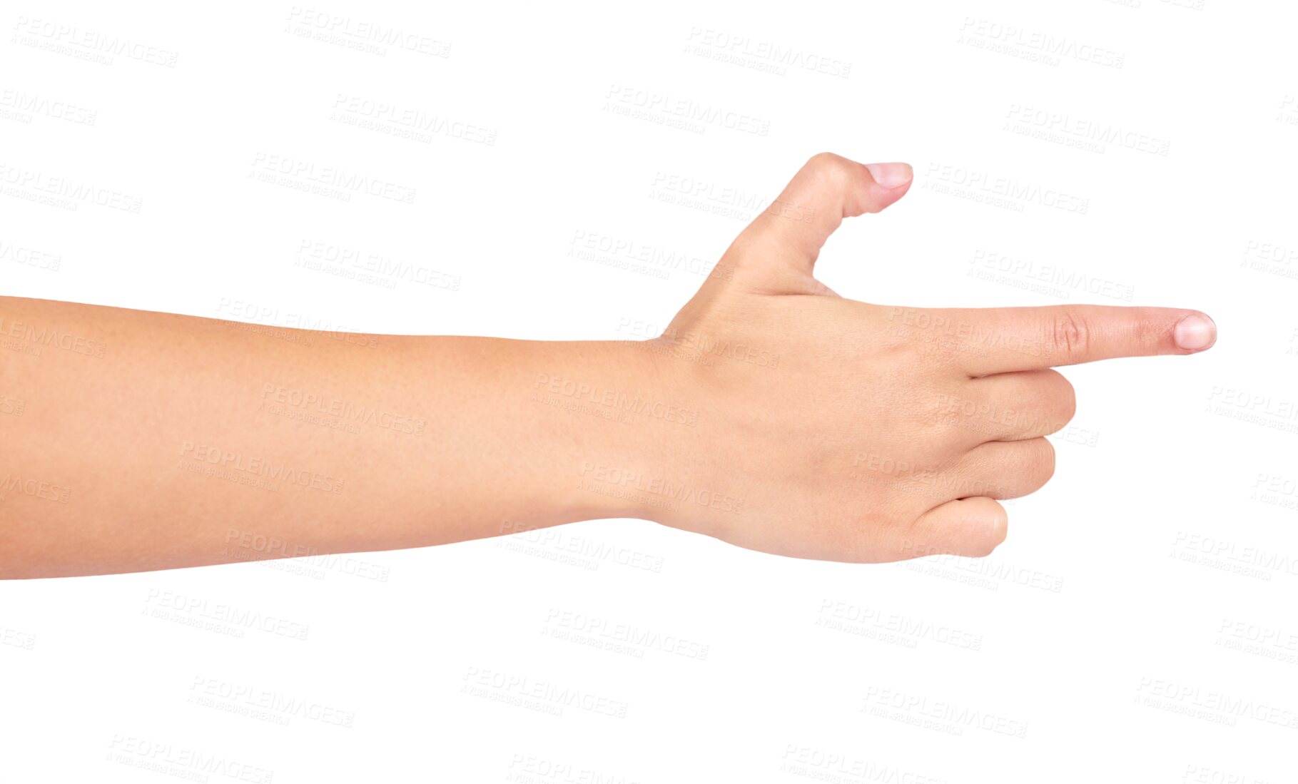 Buy stock photo Hand, finger and pointing woman with a gun direction and gesture. Hands, icon and emoji with a female person showing shooting sign and shooter target with isolated on a transparent png background