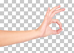 Woman, hand or ok sign on marketing space, advertising mock up mockup for sales deal. Model, perfect or okay hand gesture for promotion support, opinion vote or good review news isolated on a png background
