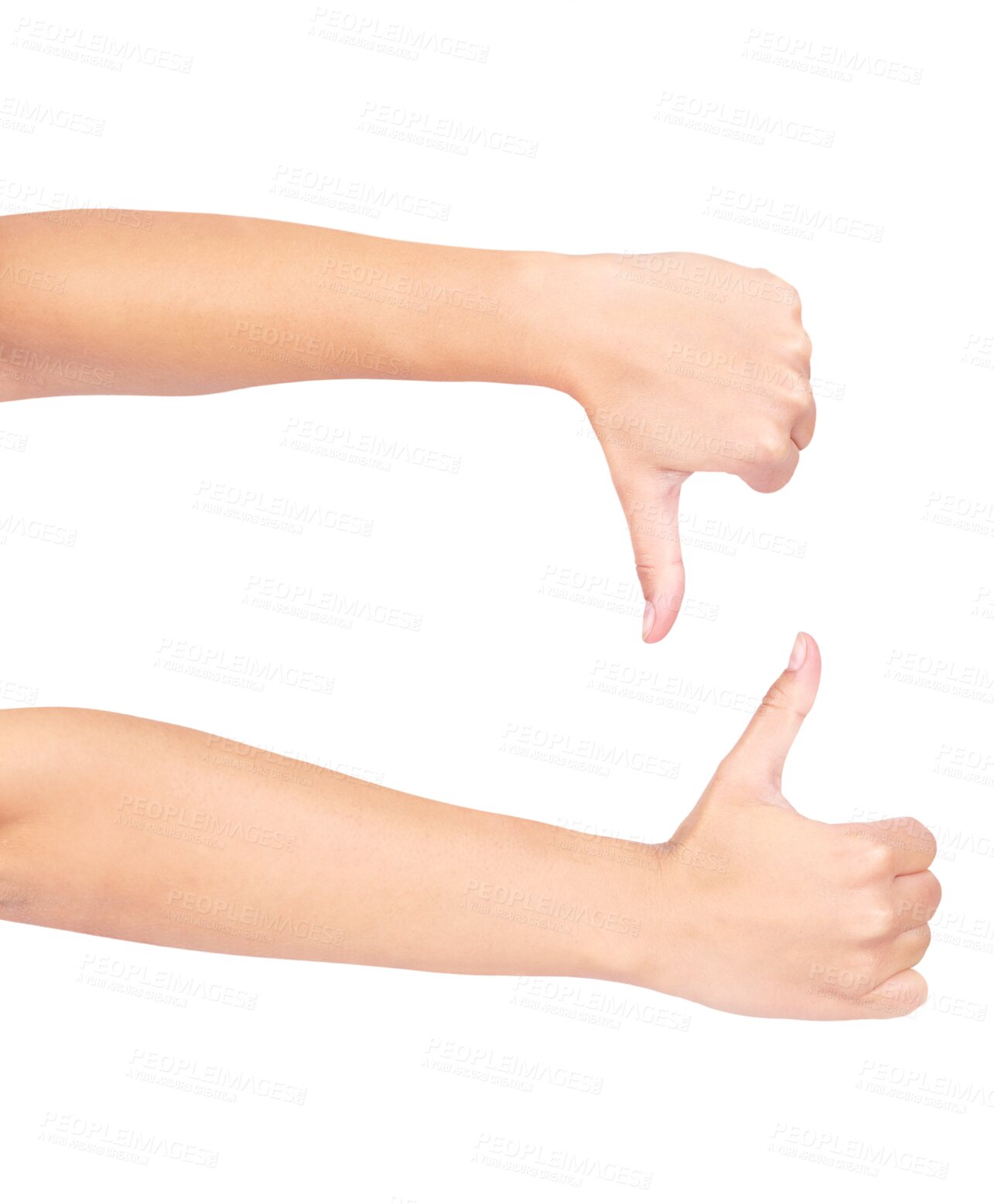 Buy stock photo Thumbs up, down and isolated hands of woman on png or transparent background for yes, maybe and no. Confused emoji, feedback and girl with doubt hand gesture for agreement, like and dislike review