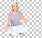 Woman, portrait and hand palm on marketing space, advertising mock up or product placement mockup. Smile, happy model and hand gesture for promotion show or sales deal branding on isolated on a png background