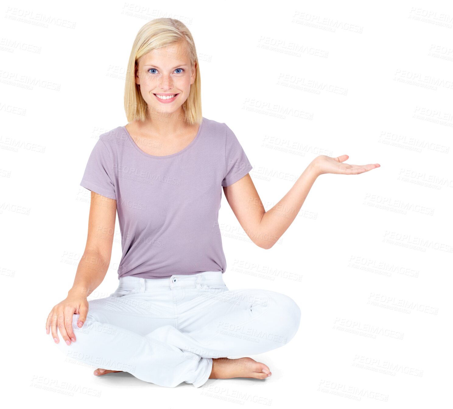 Buy stock photo Portrait, palm and woman with open hands on studio floor against isolated, transparent and png background. Smile, face and girl with offer, gesture and showing announcement, message or good news