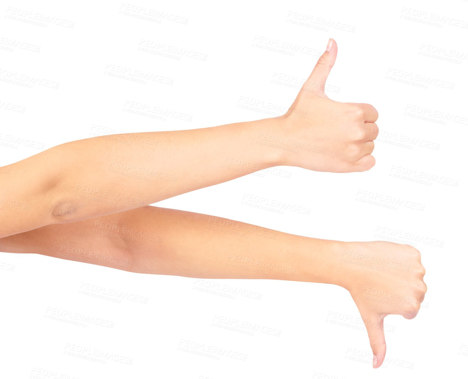 Buy stock photo Thumbs up, down and hands of model woman for png, isolated and transparent background for yes and no. Confused emoji, feedback and girl with unsure hand gesture for agreement, like and dislike