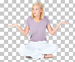 Confused woman, sitting and arms out in clueless expression. Isolated female model posing on floor in confusion, uncertain or unknown with shrugging shoulders isolated on a png background