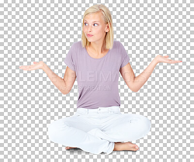 Buy stock photo Confused, choice and shrugging with woman on png background for unknown, decision and idea. Sorry, why and question with female model isolated on transparent for clueless, help and doubt