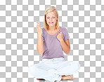 Woman, hands or fingers crossed on mockup marketing space or advertising mock up. Nervous, beautiful model or hand gesture in hope, good luck wish and sitting on isolated backdrop isolated on a png background