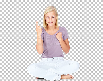 Buy stock photo Woman, fingers crossed and good luck sign on studio floor with hope on isolated, transparent and png background. Hand, icon and female with wish, gesture and emoji symbol for optimism while sitting