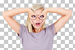 A woman, silly and fingers glasses, happiness and girl. Female, lady and creative with funny face, gesture and happy on backdrop, hands around eyes and fun isolated on a png background
