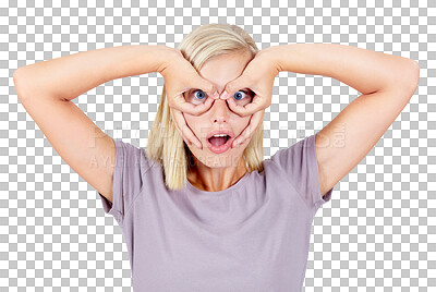 Buy stock photo Funny face, goofy and silly with woman on png background for comedy, mask and crazy. Amusing, playful and frame with hands on eyes of female isolated on transparent for icon, excited and comic